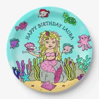 Pretty Pesonalized Blonde Mermaid Birthday Party Paper Plates