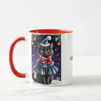 Black Christmas Cat in Blue Cape Mug