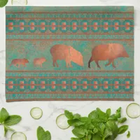 Southwest Cute Javelina Family Copper Teal Kitchen Towel