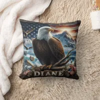 Majestic Eagle Perched on a Branch With Flag Throw Pillow