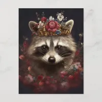 Adorable Raccoon in a Crown with Flowers Postcard