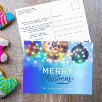 Blue Christmas Baubles Twinkling String Lights  Holiday Postcard