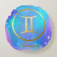 Zodiac Sign Gemini Gold, Colorful Background | Round Pillow