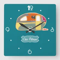 Turquoise Blue Retro Vintage Caravan Design Square Wall Clock