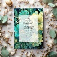 Gold and Emerald Green Floral Wedding Invitation