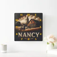 Black Horse Near Barn at Nancy Farm Square Wall Clock