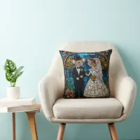 Cute Mouse Wedding Couple Mosaic Stained Glass Throw Pillow