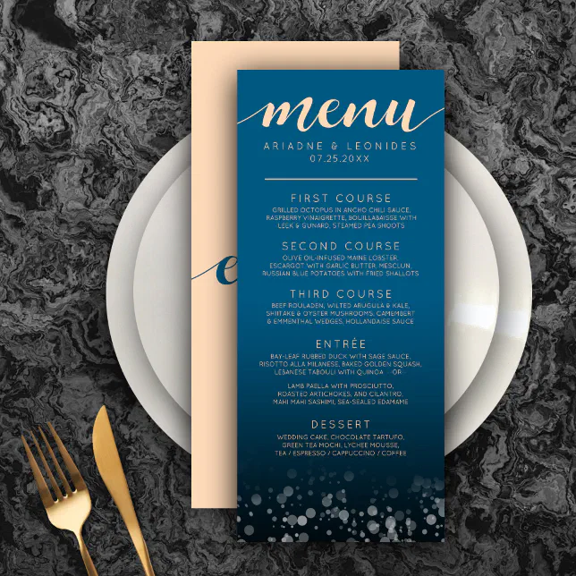 Elegant Peach Oceanic Blue Wedding Dinner Menu