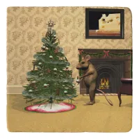 Cute Mouse Decorating a Christmas Tree Trivet