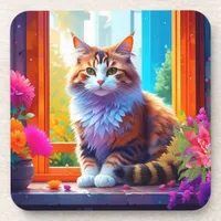 Cute Cat Sitting in City Window Ai Art Beverage Coaster