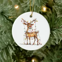 Quirky Whimsical Red Nosed Reindeer with Lights Ceramic Ornament