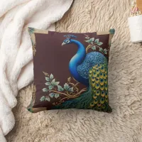 Vibrant Peacock on Dark Background Throw Pillow