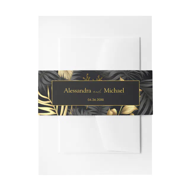 Modern Black Gold Tropical Wedding Invitation Belly Band