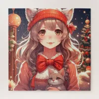 Pretty Anime Girl Holding Kitten Christmas Jigsaw Puzzle