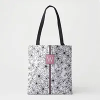 Hand Drawn Floral White Black Pattern and Monogram Tote Bag