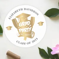 Modern Gold Foil grad party Black typography Classic Round Sticker