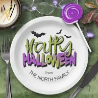 Happy Halloween Typography w/Bats Green ID685 Paper Plates