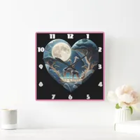 Giraffes beneath a moonlit sky square wall clock