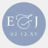 Dusty Blue Modern Initials Monogram Wedding Classic Round Sticker