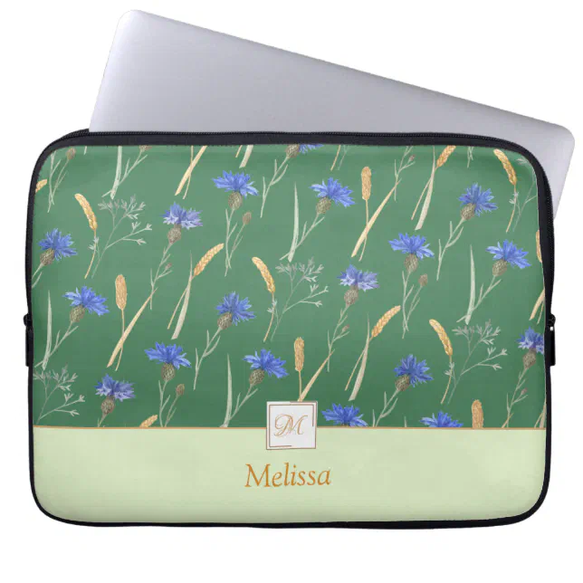 Green Floral Wildflower Monogram Laptop Sleeve