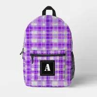 Plaid Pattern Gingham Check Purple White Monogram Printed Backpack