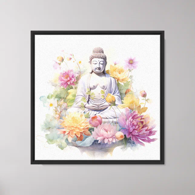 Watercolor Serene Buddha Pink Yellow Flowers Art Canvas Print
