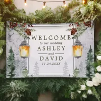 Winter Rustic Pine Trees Lantern Wedding Welcome Banner