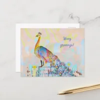 Majestic peacock on a fence - abstract   postcard