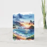 Tropical Island Watercolor Coastal Seascape Blank Note Card