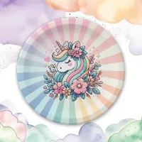 Magical Pink and Gold Unicorn and Flowers Paper Plates