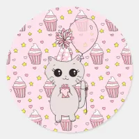 Cute Little Kitten holding Birthday Gift Balloon Classic Round Sticker