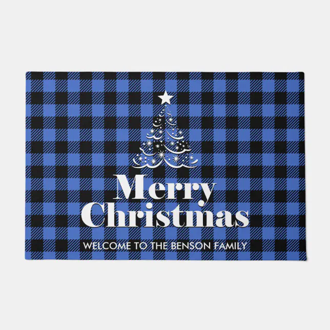 Merry Christmas Buffalo Check Plaids Blue Doormat