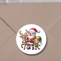 Cute Chibi Santa, Elf and Reindeer Christmas Classic Round Sticker