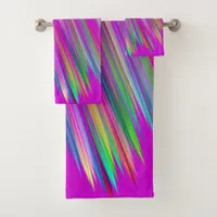 Colorful stripes on fuchsia background, modern bath towel set