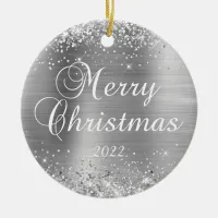 Glittery Silver Merry Christmas Family Photo Ceramic Ornament