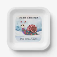 Festive Snail Snow Pun Humor Funny Cute Christmas Paper Plates