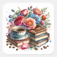 Rise and Shine Vintage Coffee Cup and Flowers Square Sticker