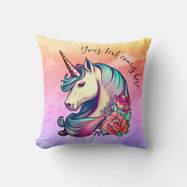 Cute Unicorn in Colorful Sky Throw Pillow
