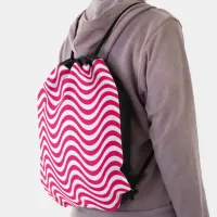 Pink & White Wavy Stripes Psychedelic Drawstring Bag