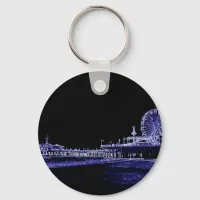 Santa Monica Pier Blue Neon Night Photo Edit Keychain