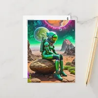 Green astronaut Thinker Pose Postcard