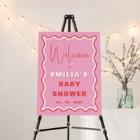 Retro Wavy Pink Red Baby Shower Welcome Sign