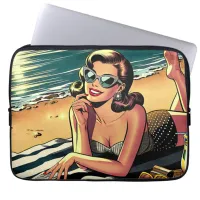 Retro Woman at Beach reading a Fashion Magazine Laptop Sleeve