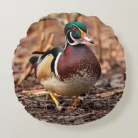 Male Wood Duck in the Woods Round Pillow