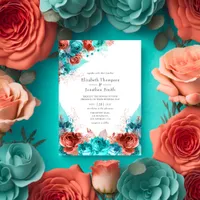 Turquoise and Coral Rustic Floral Wedding Invitation