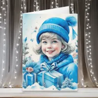 Cute Little Vintage Girl in Blue Christmas Card