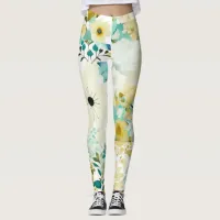 Pretty Folk Art White and Turquoise Flowers   Leggings