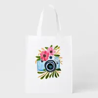 Personalized Photography Vintage Camera Flowers Grocery Bag