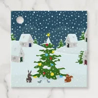 Christmas snow village with christmas tree and ani favor tags