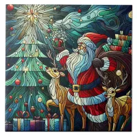 Santa Claus and His Reindeer Bearing Gifts Ceramic Tile